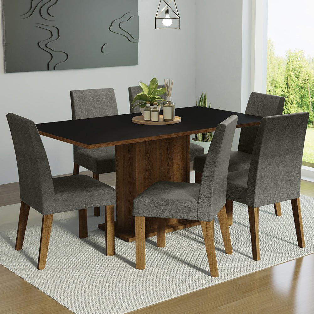 Combo Comedor y Sillas Renata Marron con Negro y Plata 160x79cm Cuadrado de Seis Puestos con Seis Sillas - COMEDORES | Bylmo