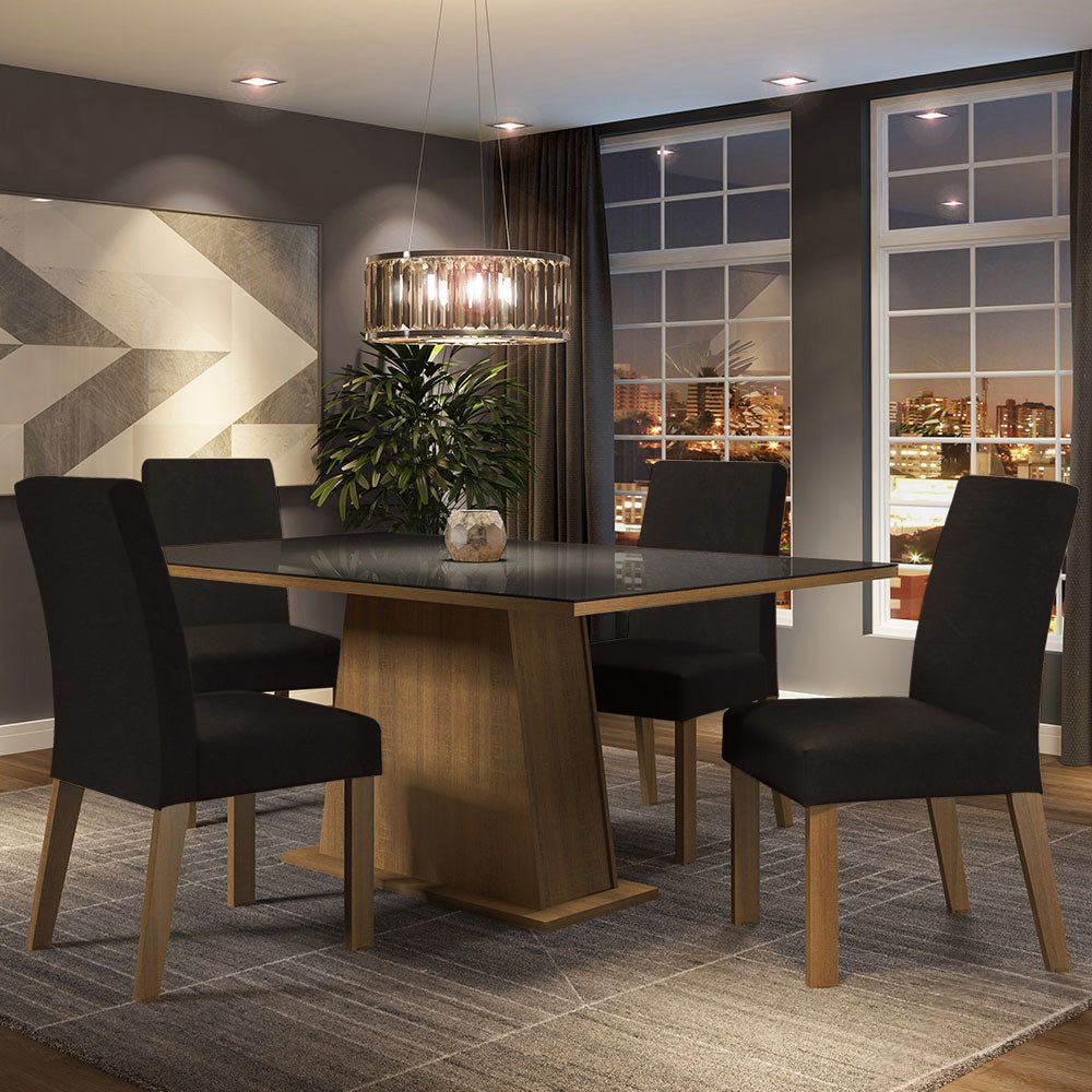 Combo Comedor y Sillas Sabrina Marron y Negro Oxford 160x80cm Cuadrado de Cuatro Puestos con Cuatro Sillas - COMEDORES | Bylmo