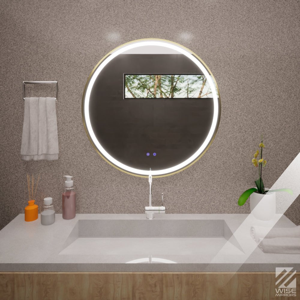Espejo de Baño 80x80cm Redondo con Marco Metalico Dorado y con Sistema Led Touch - ESPEJOS DE BANHO | Bylmo