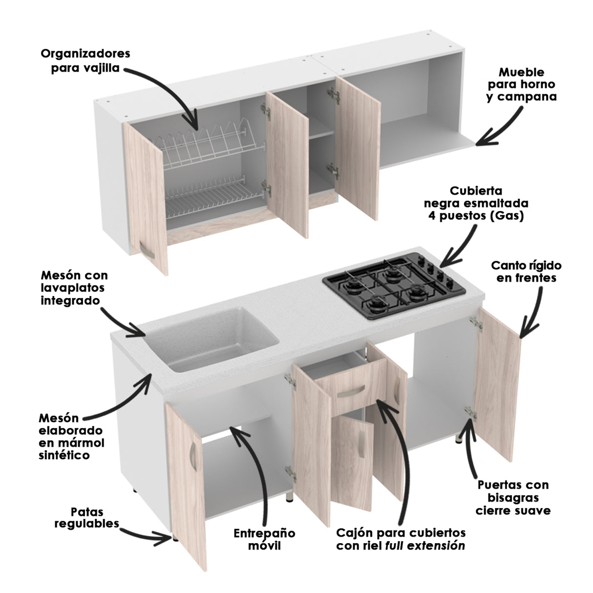Cocina Ambar Blanco y Soder 180x213cm Con Meson de Marmol Sintético y Estufa - COCINAS | Bylmo