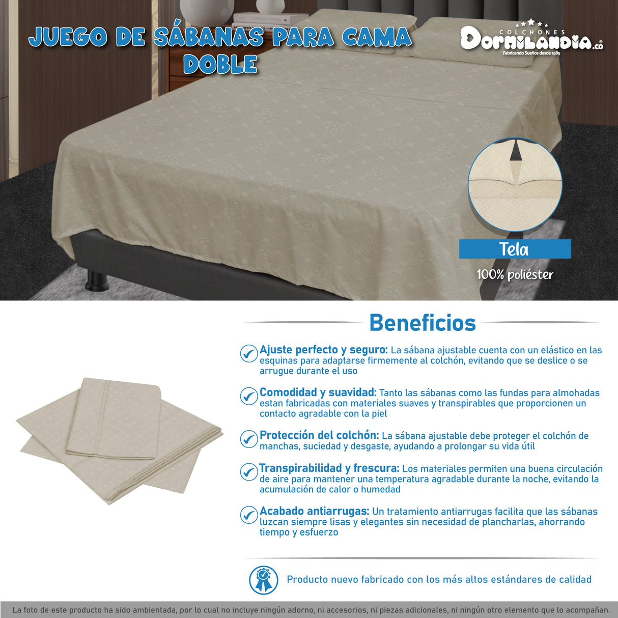Juego de Sabanas Beige para Cama Doble 140 X 190 Cm Hipoelergénicas y Antiácaros - SABANAS | Bylmo