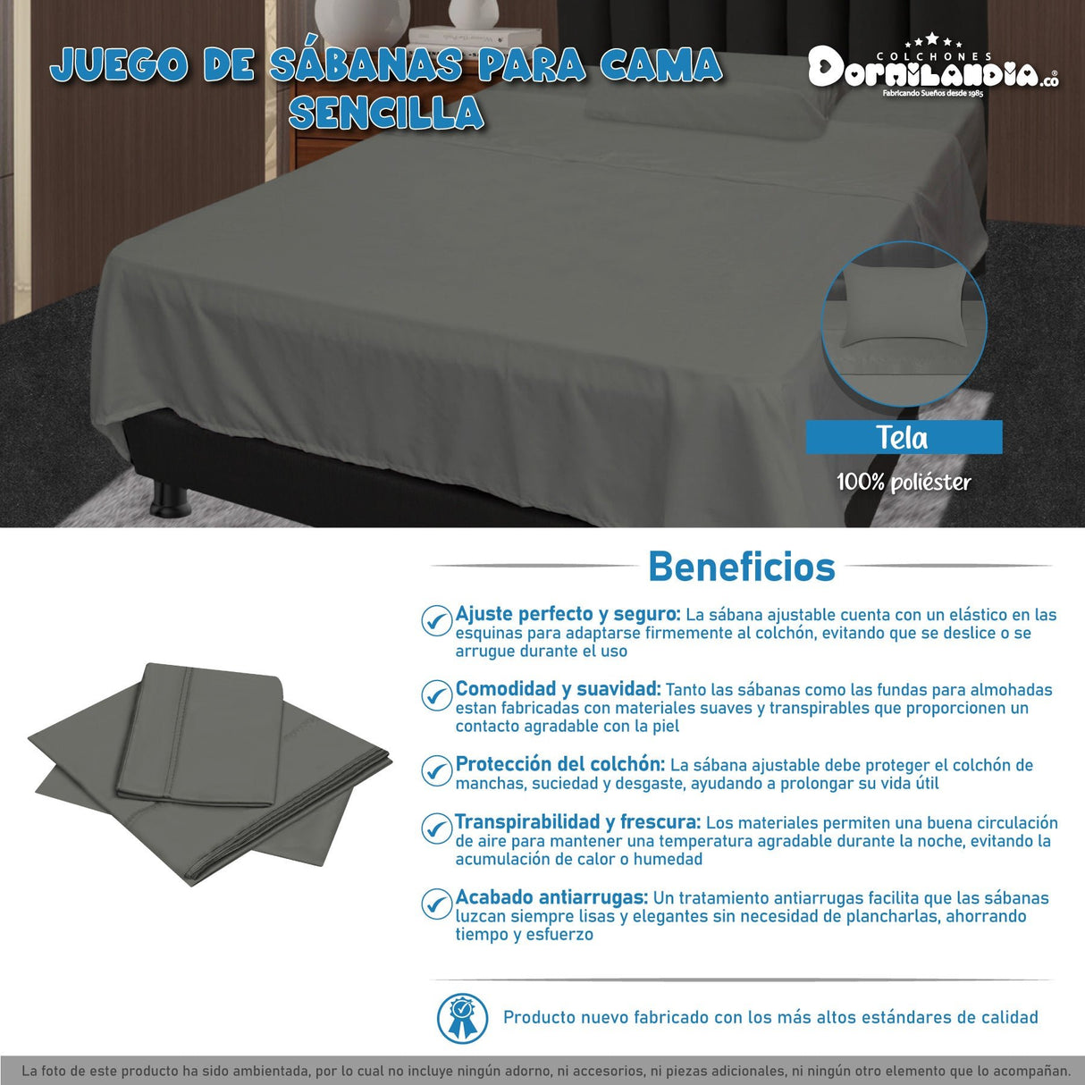 Juego de Sabanas Gris para Cama Sencilla 100 x 190 Cm Hipoelergénicas y Antiácaros - SABANAS | Bylmo