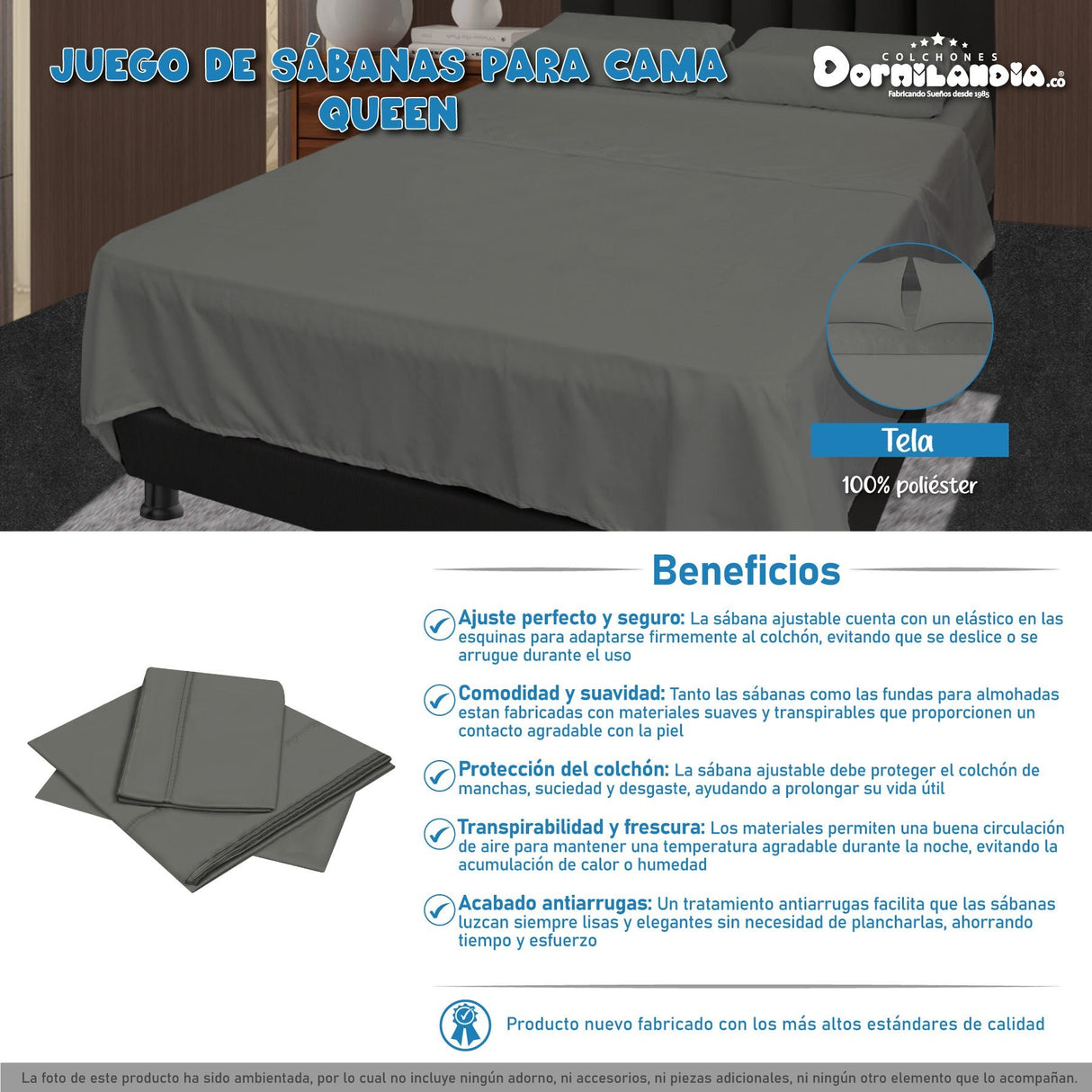 Juego de Sabanas Gris para Cama Queen 160 X 190 Cm Hipoelergénicas y Antiácaros - SABANAS | Bylmo