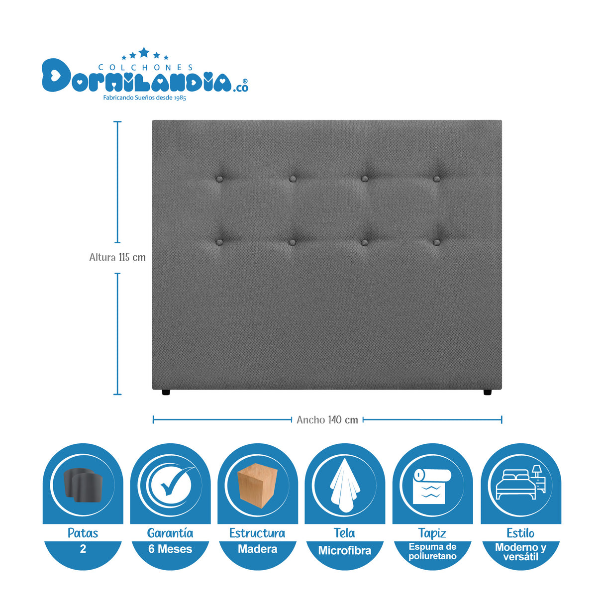 Combo Base Cama y Cabecero Dublín Gris 140x190cm Con Patas - CAMAS | Bylmo