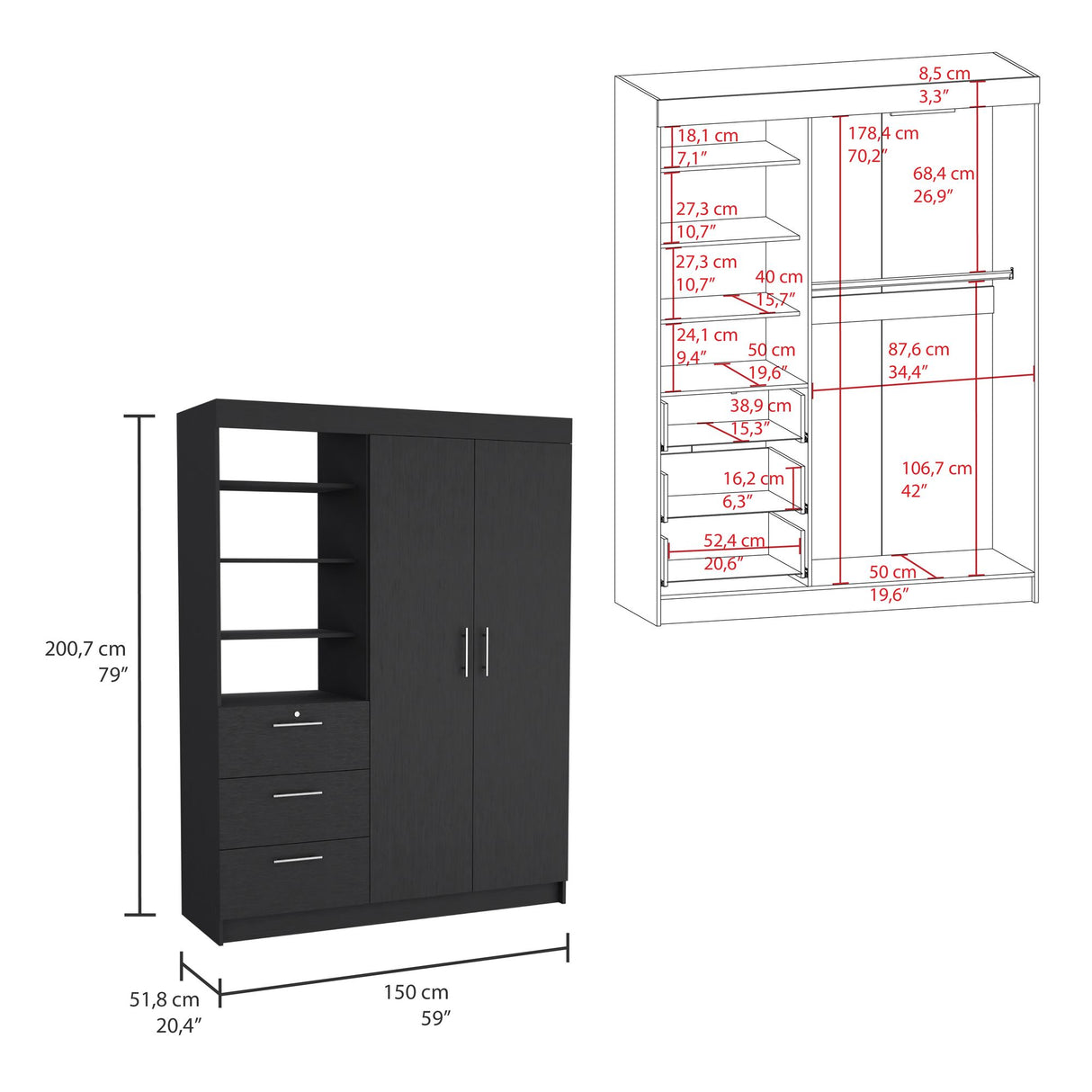 Closet Kenya Wengue 150x200.75cm Con Tres Cajones y Dos Puertas - CLOSETS | Bylmo
