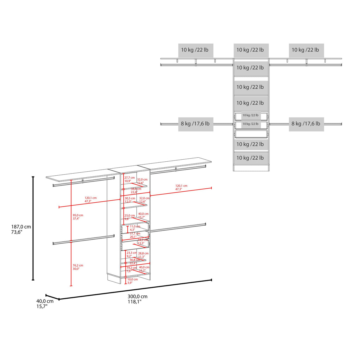 Closet Plego Blanco 300x187.7cm Con Tres Cajones y Sin Puertas - CLOSETS | Bylmo