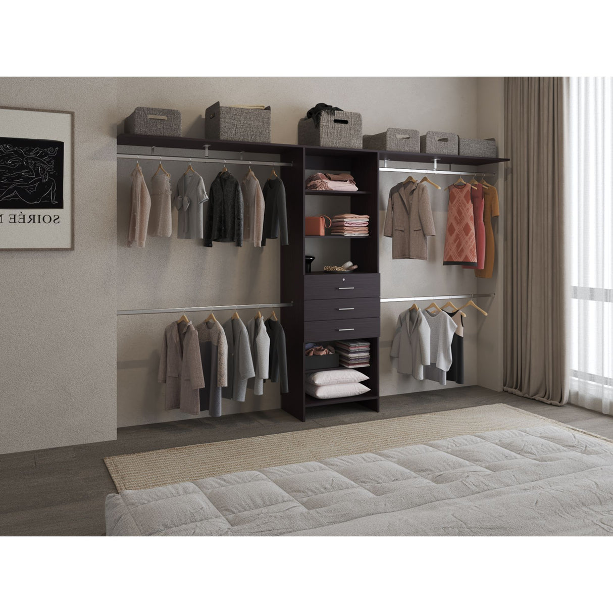 Closet Plego Wengue 300x187.7cm Con Tres Cajones y Sin Puertas - CLOSETS | Bylmo