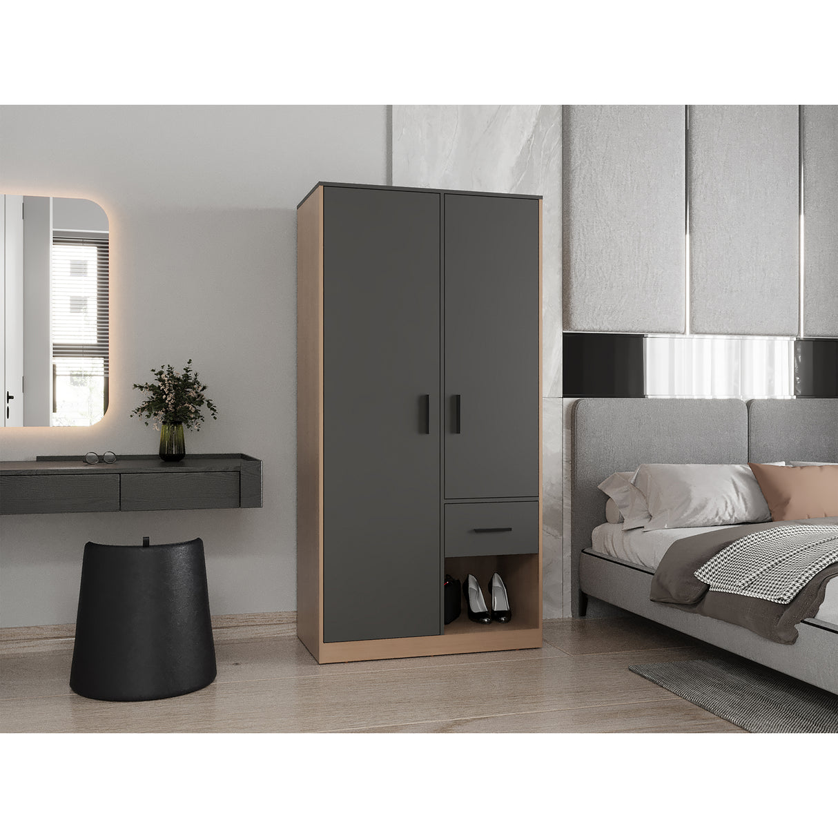 Closet Alder Plomo y Fresno Europeo 90.1x180cm Con Un Cajón y Dos Puertas - CLOSETS | Bylmo