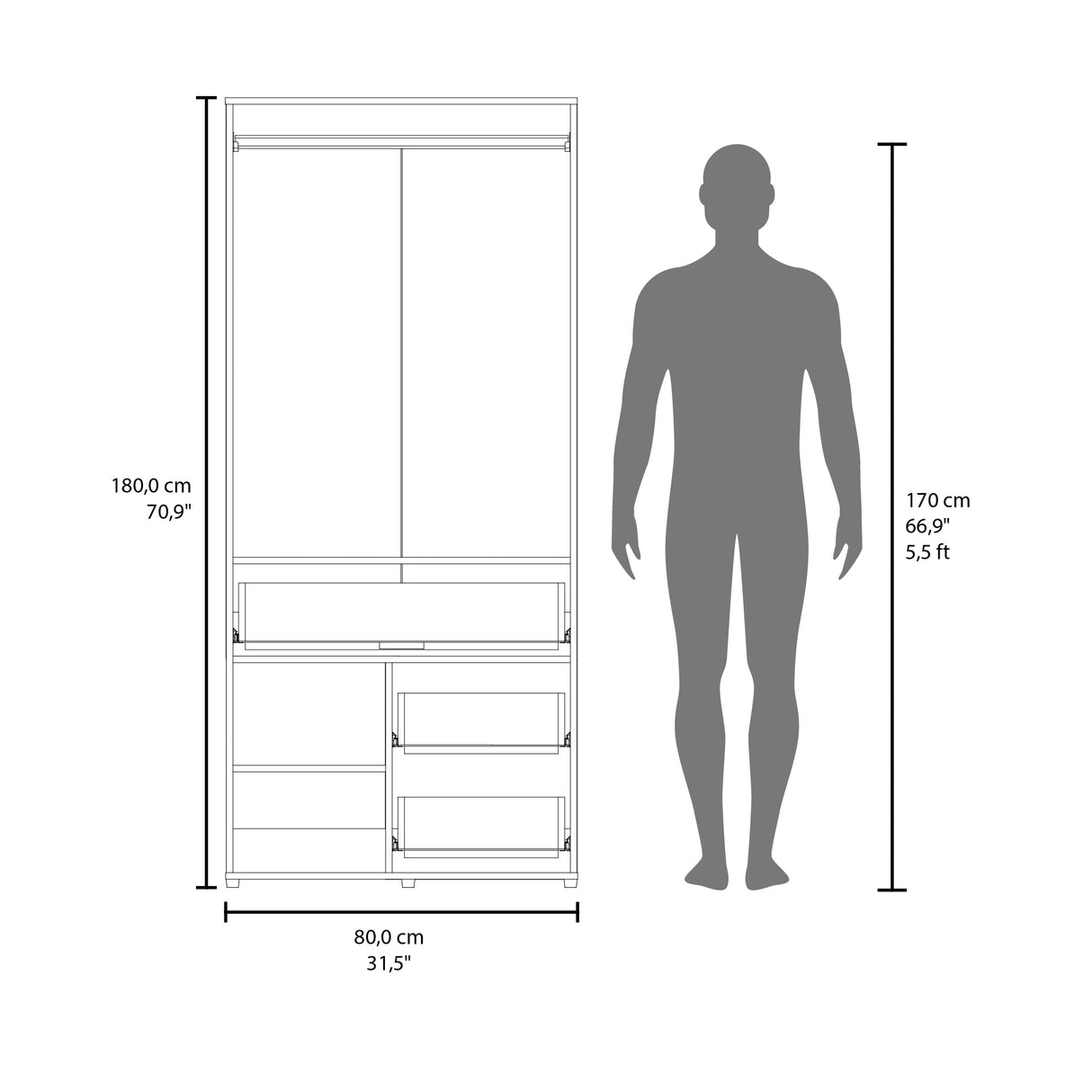 Closet Alpine Wengue 80.2x179.6cm Con Tres Cajones y Dos Puertas - CLOSETS | Bylmo