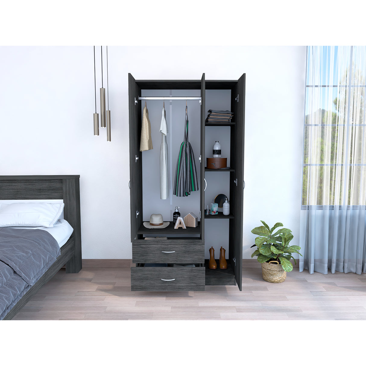 Closet Austral Roble Gris 90x180cm Con Dos Cajones y Tres Puertas - CLOSETS | Bylmo