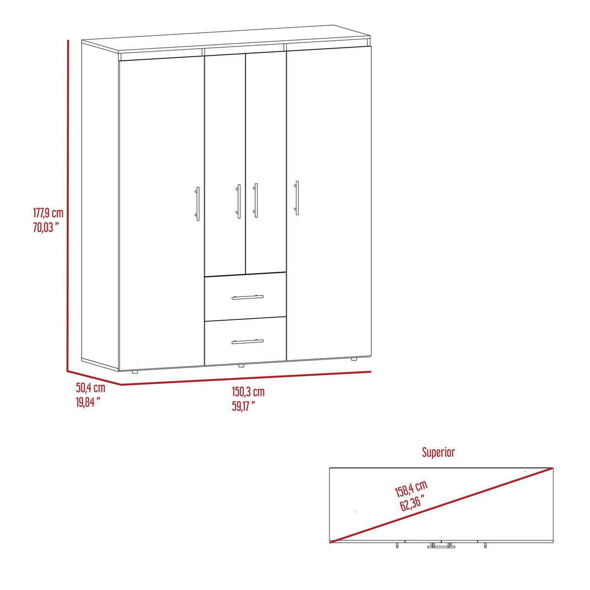 Closet Bariloche Eco Fresno Europeo y Wengue 150.3x177.9cm Con Dos Cajones y Cuatro Puertas - CLOSETS | Bylmo
