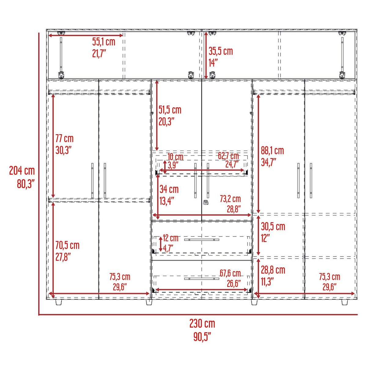 Closet Bigaf Fresno Europeo y Blanco 230x204cm Con Tres Cajones y Ocho Puertas - CLOSETS | Bylmo