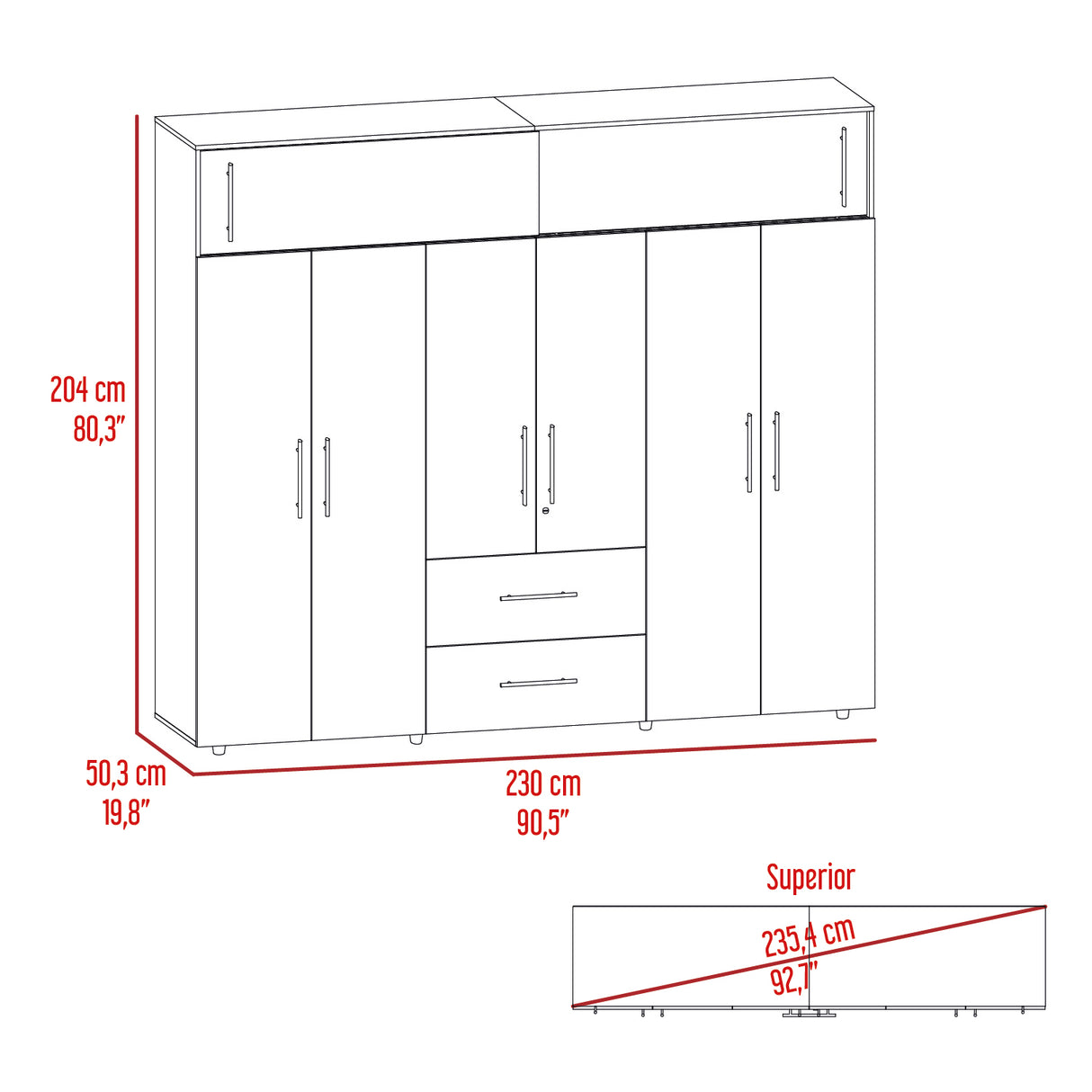 Closet Bigaf Fresno Europeo y Blanco 230x204cm Con Tres Cajones y Ocho Puertas - CLOSETS | Bylmo