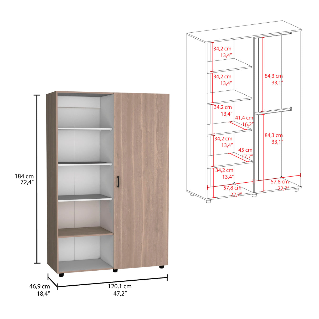 Closet Eco Bardolino y Blanco 120.1x184cm Sin Cajones y Una Puerta - CLOSETS | Bylmo