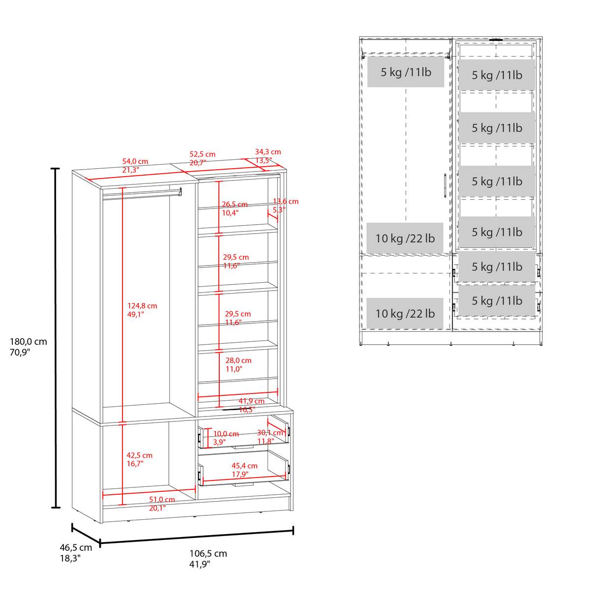 Closet Seville Blanco 106.6x180cm Con Dos Cajones Dos Puertas y Espejo - CLOSETS | Bylmo