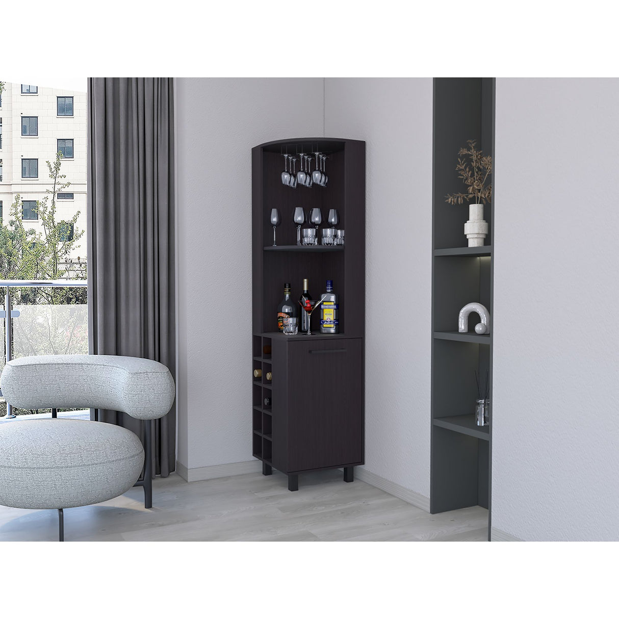 Bar Esquinero Kaia Plus Fresno Europeo y Wengue 45x180cm Con Diez Portabotellas - BARES | Bylmo