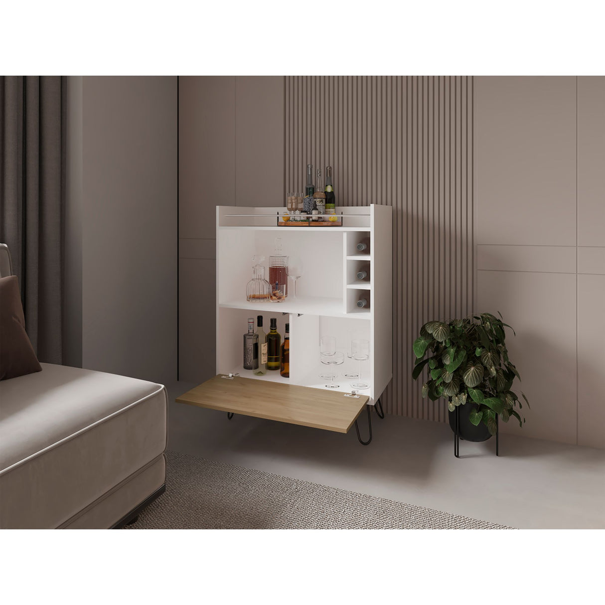 Bar Tori Blanco y Fresno Europeo 80x107cm Con Tres Portabotellas - BARES | Bylmo