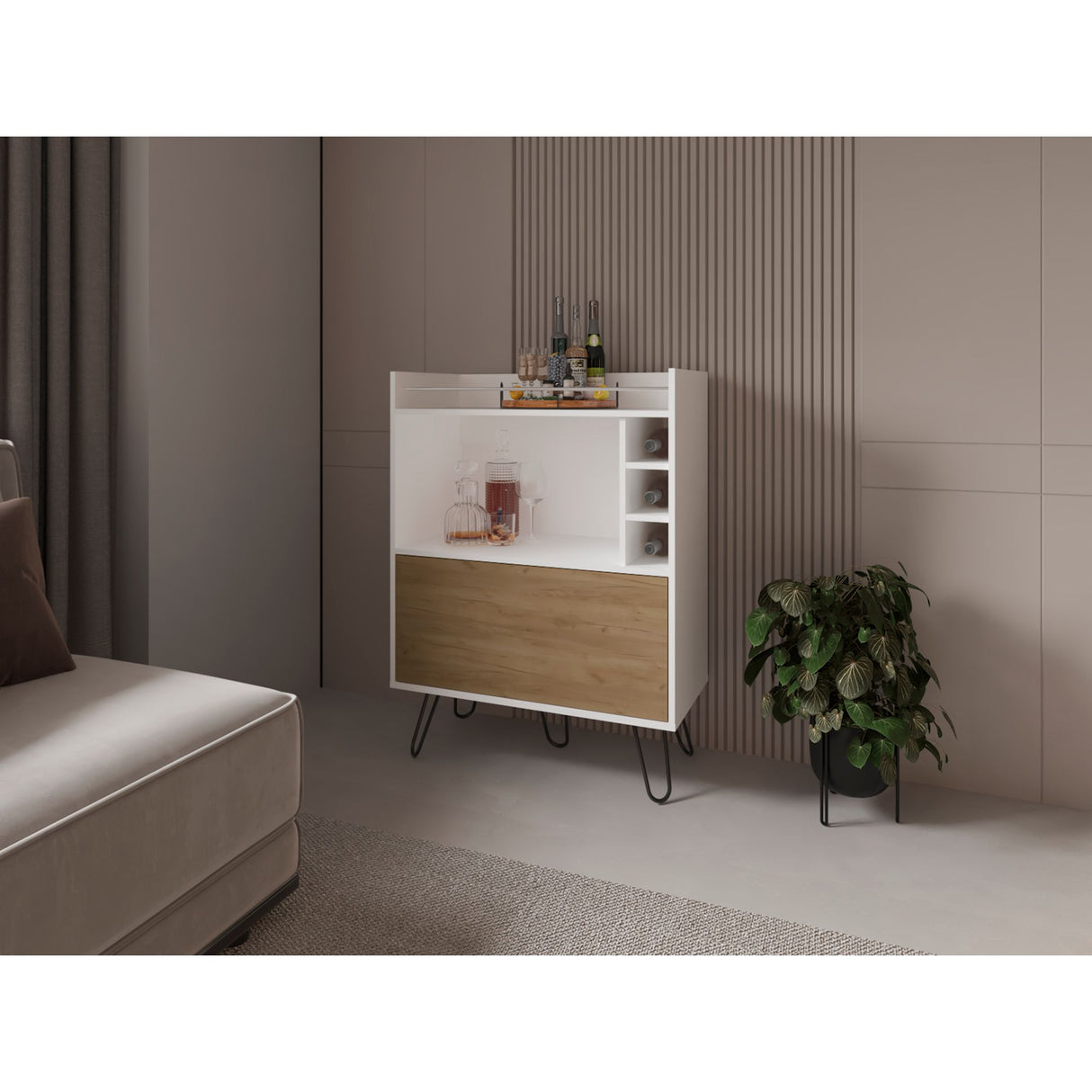 Bar Tori Blanco y Fresno Europeo 80x107cm Con Tres Portabotellas - BARES | Bylmo