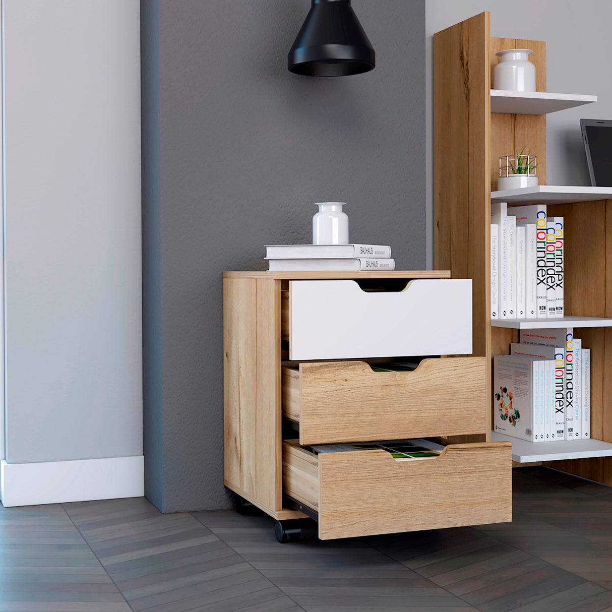 Archivador Vilna Duna y Blanco 40x56cm Con Ruedas y Tres Cajones - ARCHIVADORES | Bylmo