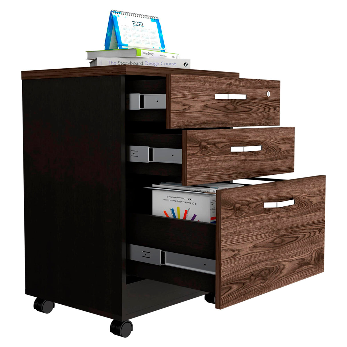 Archivador Home Office Coñac y Wengue 49.1x71.6cm Con Ruedas y Tres Cajones - ARCHIVADORES | Bylmo