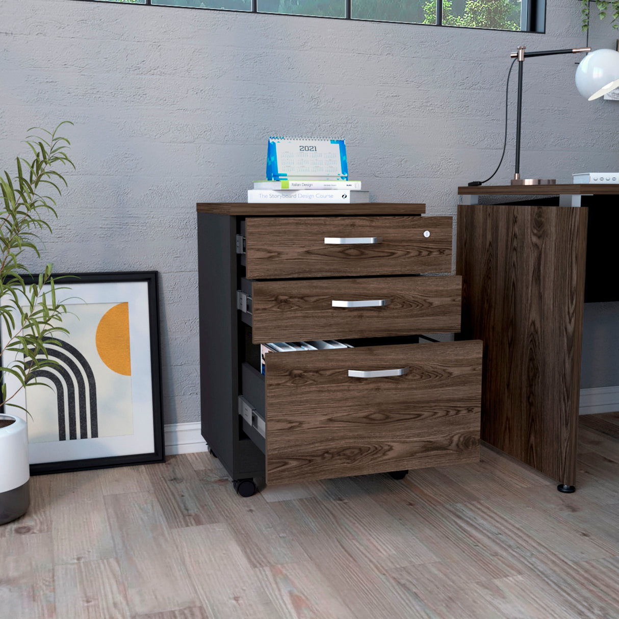 Archivador Home Office Coñac y Wengue 49.1x71.6cm Con Ruedas y Tres Cajones - ARCHIVADORES | Bylmo