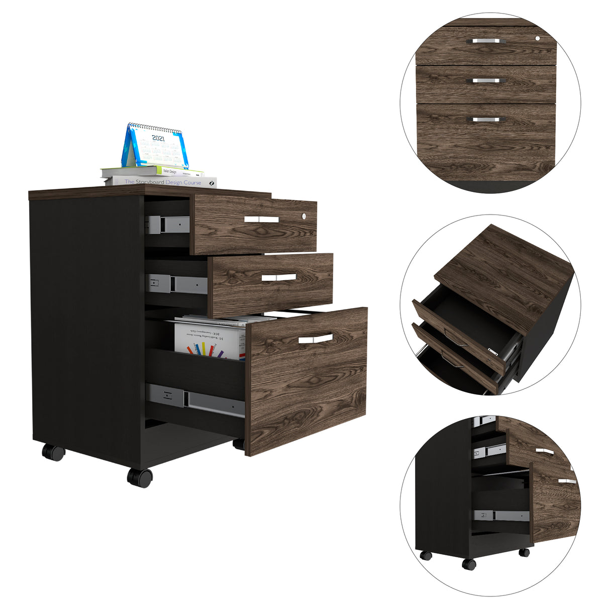Archivador Home Office Coñac y Wengue 49.1x71.6cm Con Ruedas y Tres Cajones - ARCHIVADORES | Bylmo