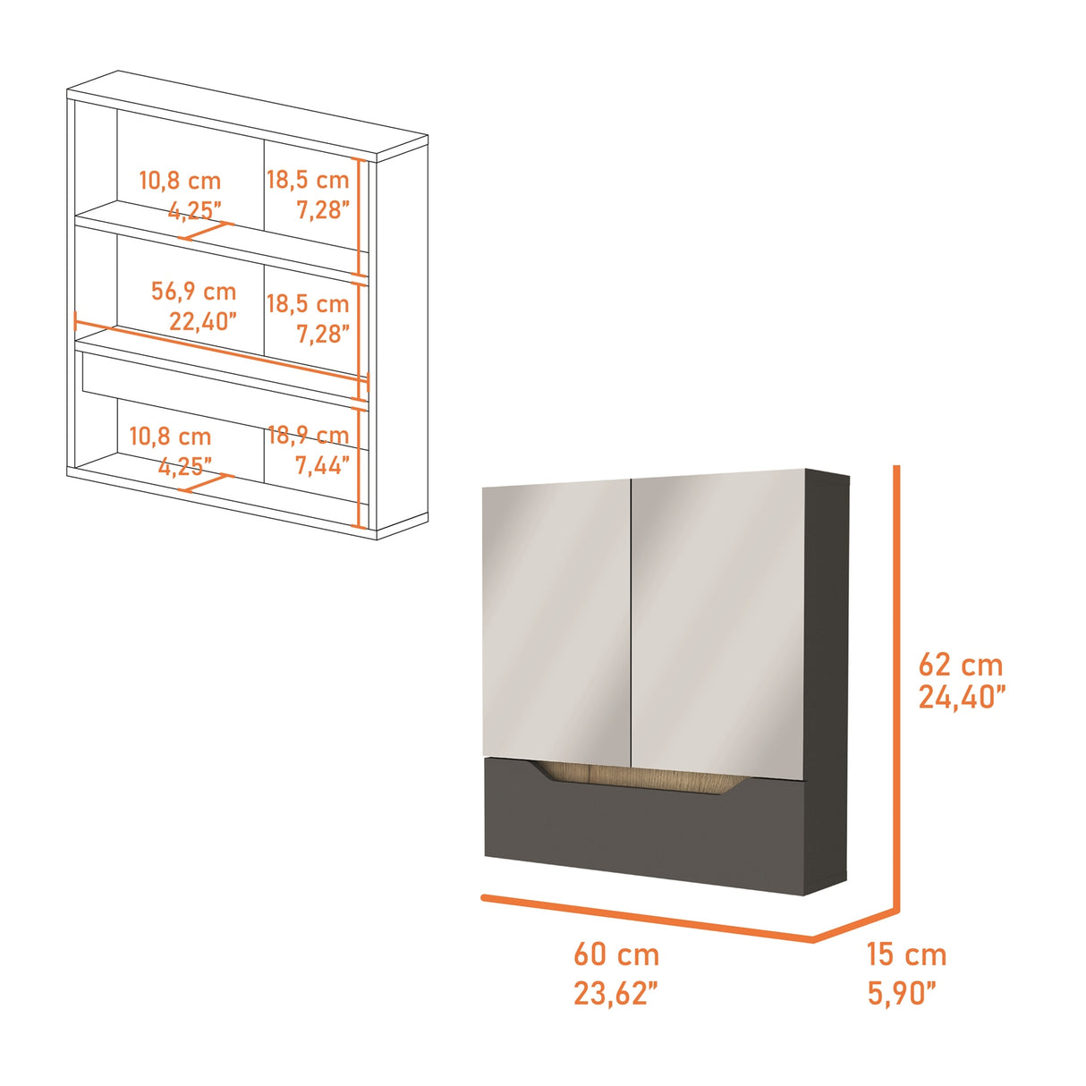Gabinete de Baño Rectangular Laurent Plomo y Duna 60x62cm Con Espejo y Dos Entrepaños - GABINETES DE BANHO | Bylmo
