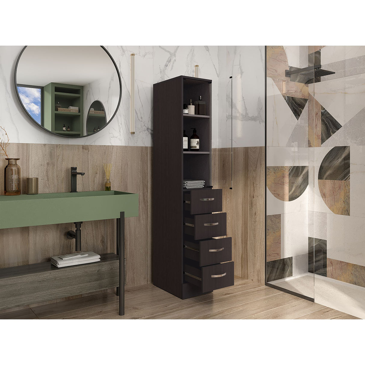 Torre de Baño Vanguard Rovere y Blanco 30.4x173.45cm Con Patas - MUEBLES DE ASEO Y ROPAS | Bylmo