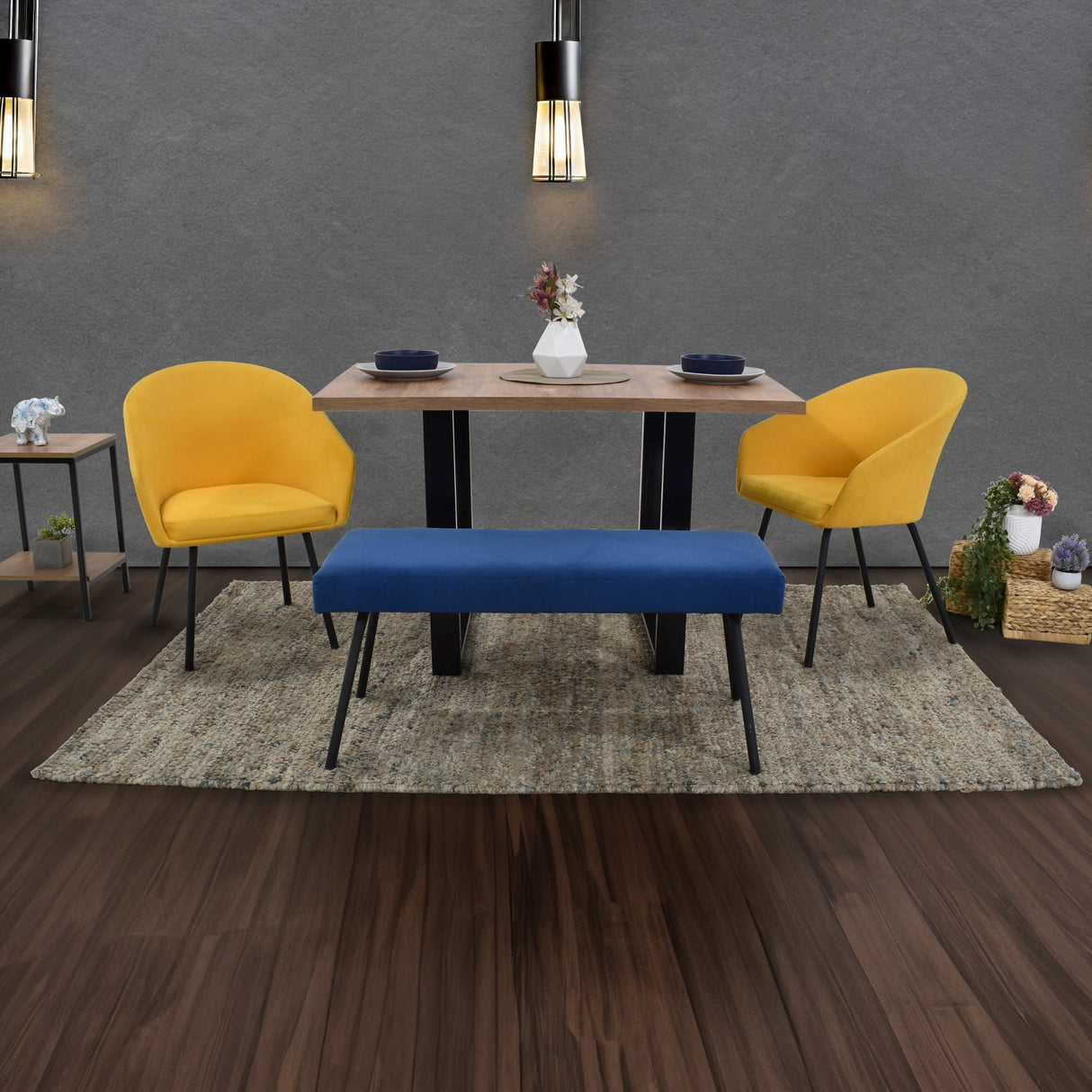 Combo Comedor Rectangular Marsella Mostaza y Azul 122x75cm De Cuatro Puestos Con Dos Sillas y Un Butaco - COMEDORES | Bylmo