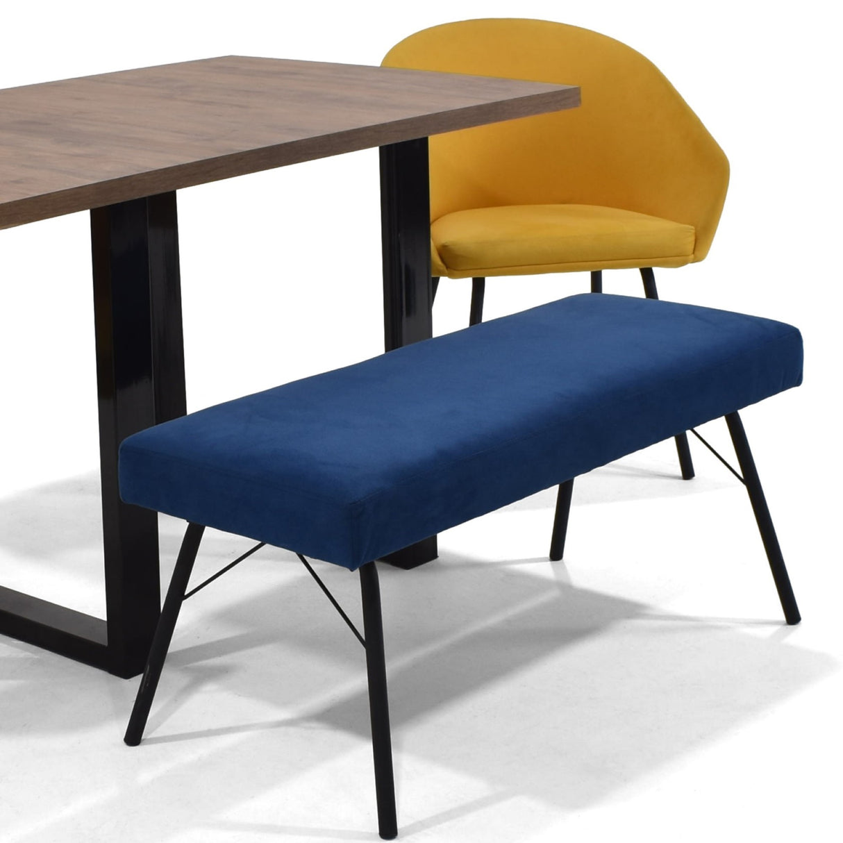 Combo Comedor Rectangular Marsella Mostaza y Azul 122x75cm De Cuatro Puestos Con Dos Sillas y Un Butaco - COMEDORES | Bylmo