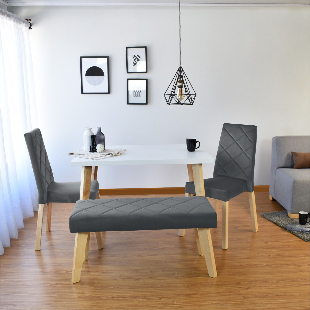 Combo Comedor Rectangular Lugo Gris y Blanco 110x76cm De Cuatro Puestos Con Dos Sillas y Un Butaco - COMEDORES | Bylmo