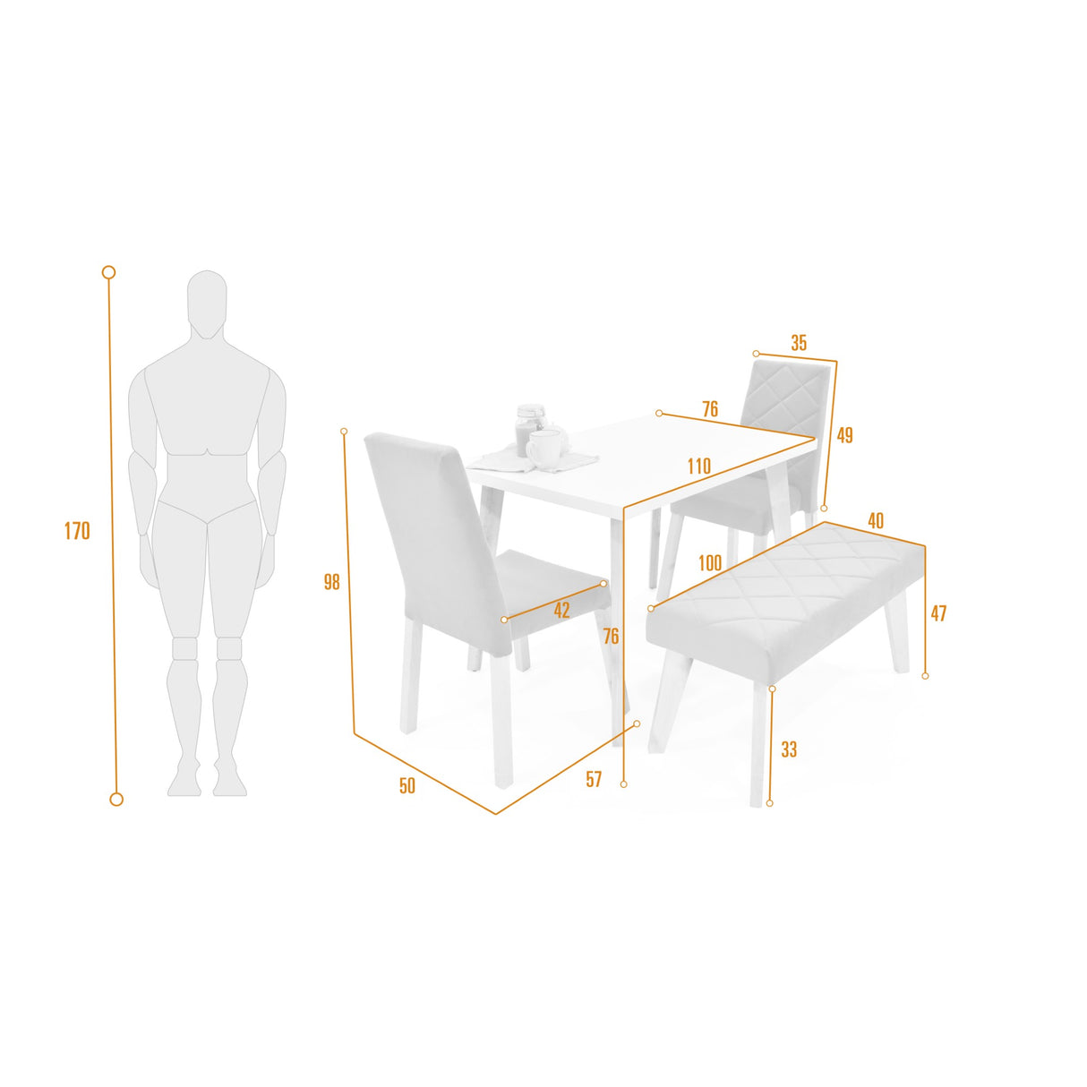 Combo Comedor Rectangular Lugo Gris y Blanco 110x76cm De Cuatro Puestos Con Dos Sillas y Un Butaco - COMEDORES | Bylmo