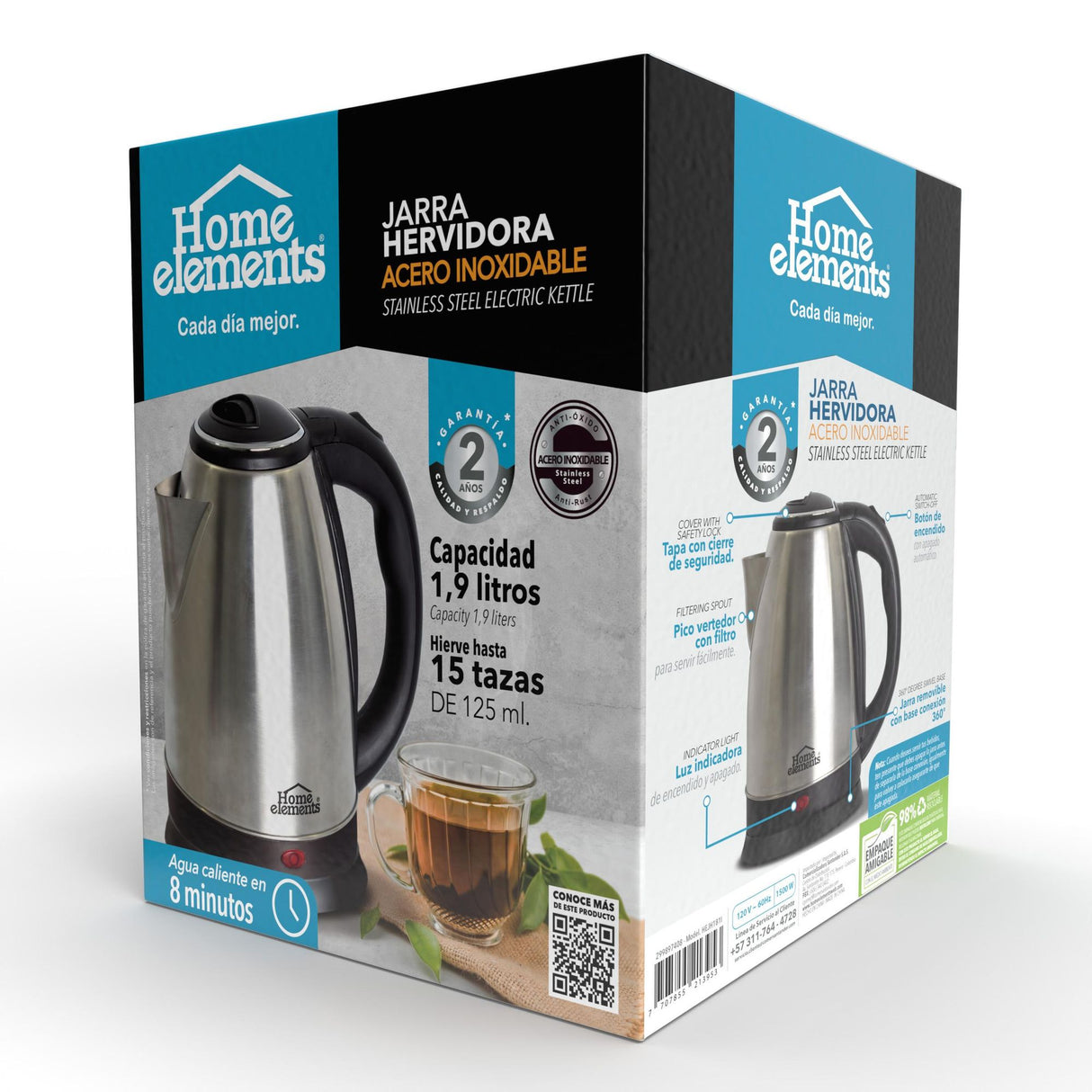 Hervidor Negro y Plateado de Acero Inoxidable 17x24cm Para 1.9 Litros - HERVIDORES | Bylmo