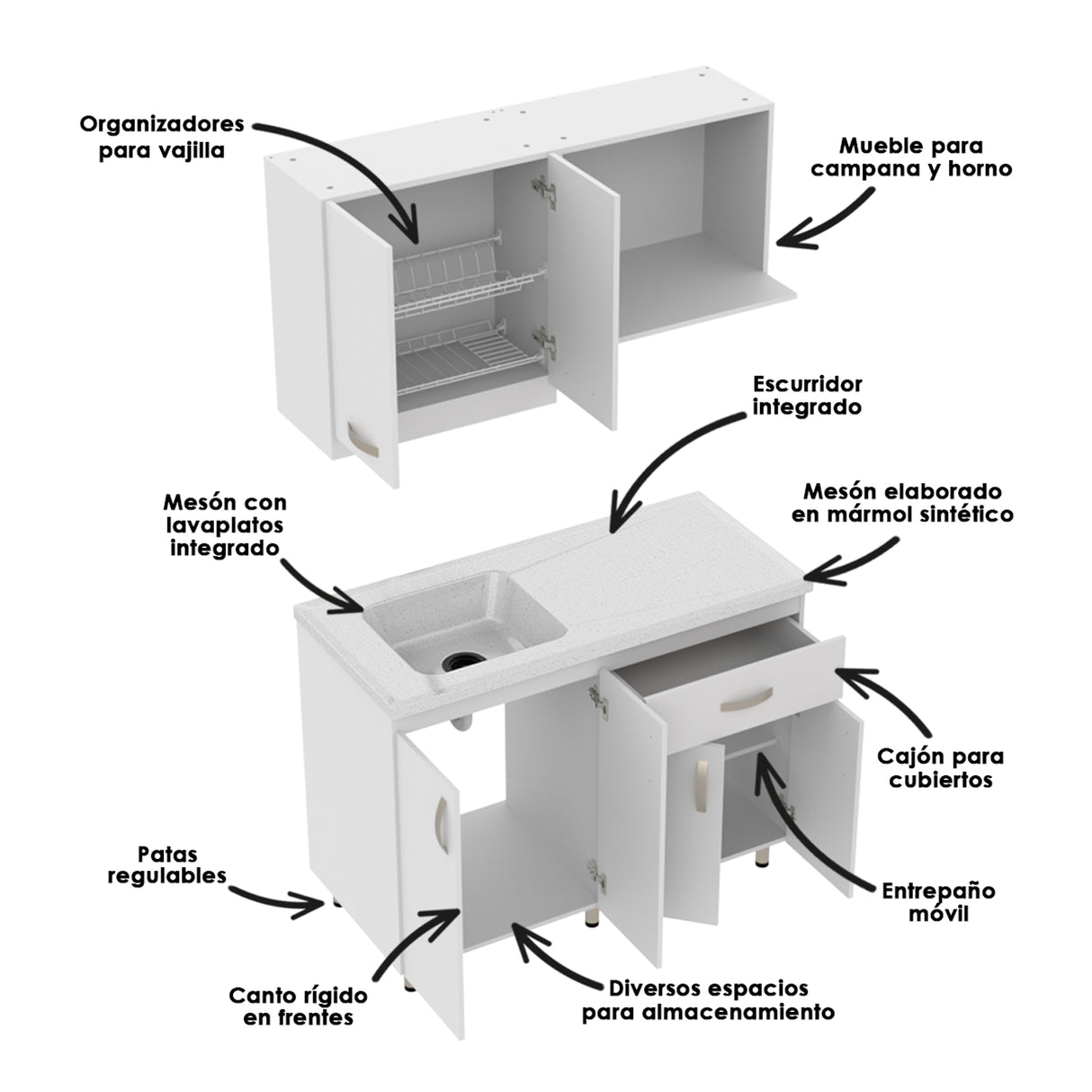Cocina Modular Ambar Blanco 120x75cm Con Mesón y Sin Estufa - COCINAS | Bylmo