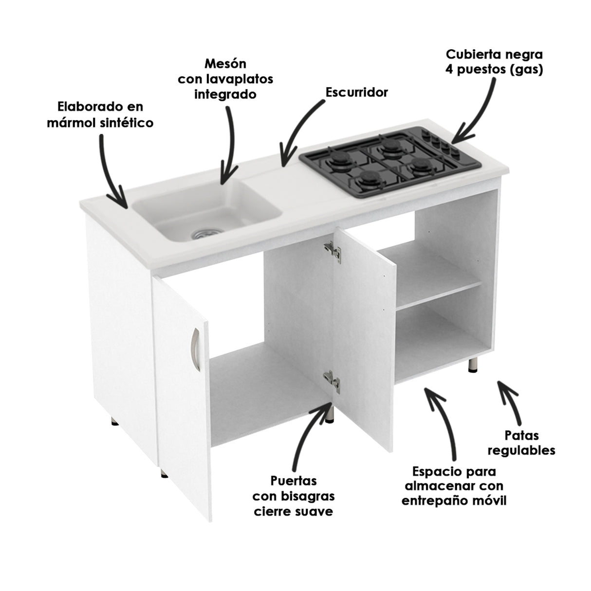 Cocina Modular Vive Blanco 150x88cm Con Mesón y Con Estufa - COCINAS | Bylmo