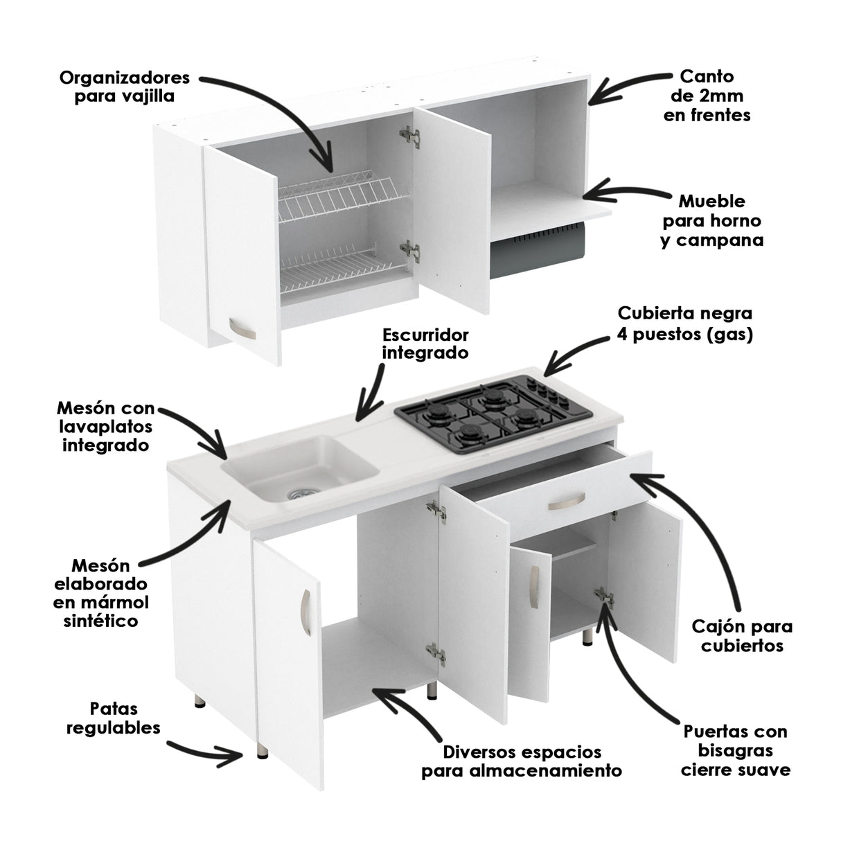 Cocina Modular Ambar Blanco 150x75cm Con Mesón y Con Estufa - COCINAS | Bylmo