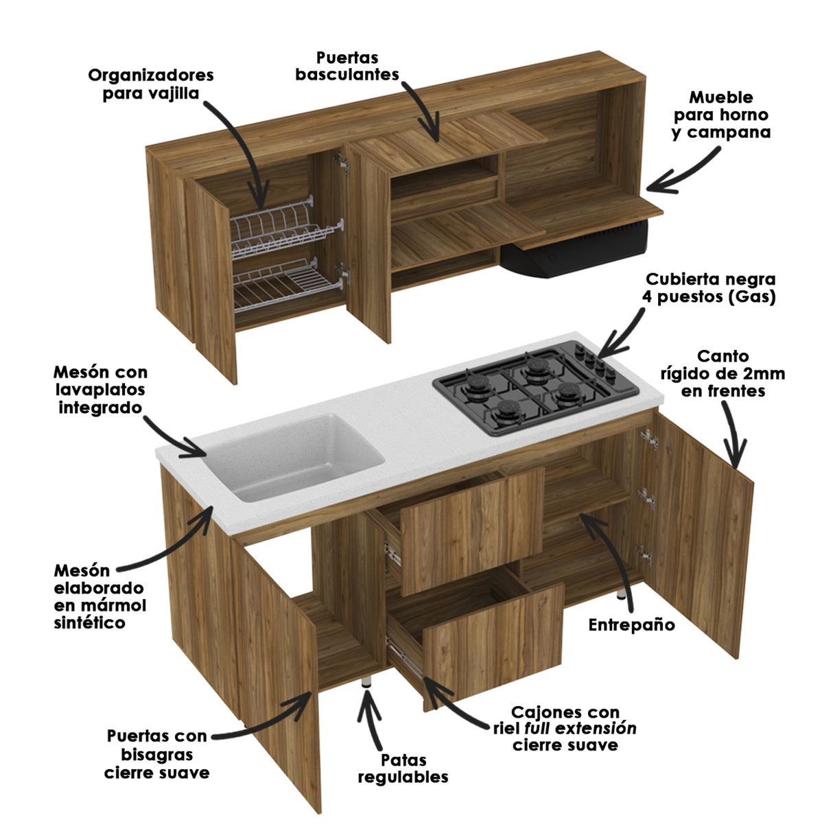Cocina Modular Zafiro Gracia y Granito Perla 180x75cm Con Mesón y Con Estufa - COCINAS | Bylmo