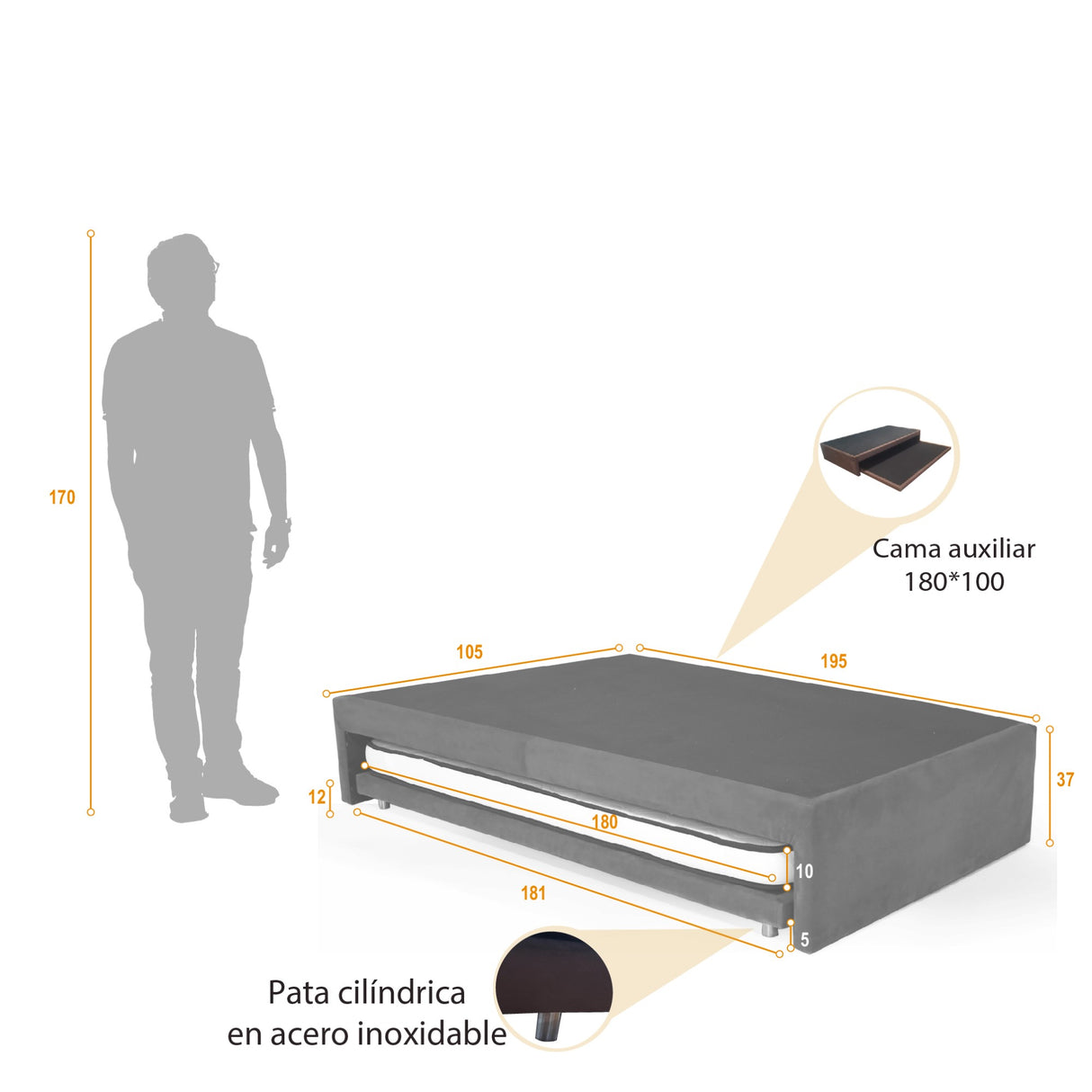 Cama Nido infantil Suecia Gris y Cromado 105x37cm para Colchón Sencillo 100 X 190 Cm con Colchoneta - CAMAS | Bylmo