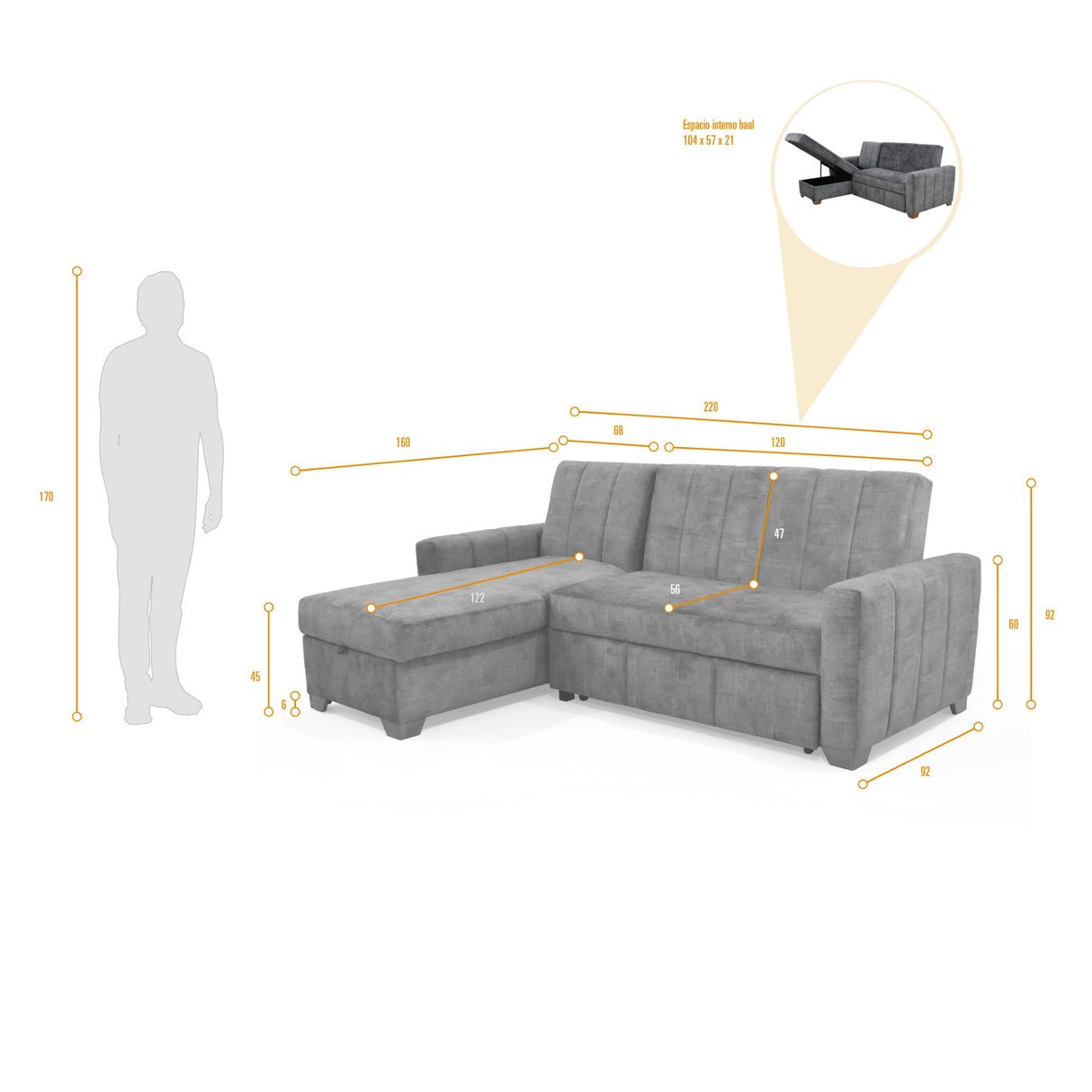 Sofacama Derecho Apolo Gris 220x92cm De Tres Puestos Reclinable Con Apoya Brazos