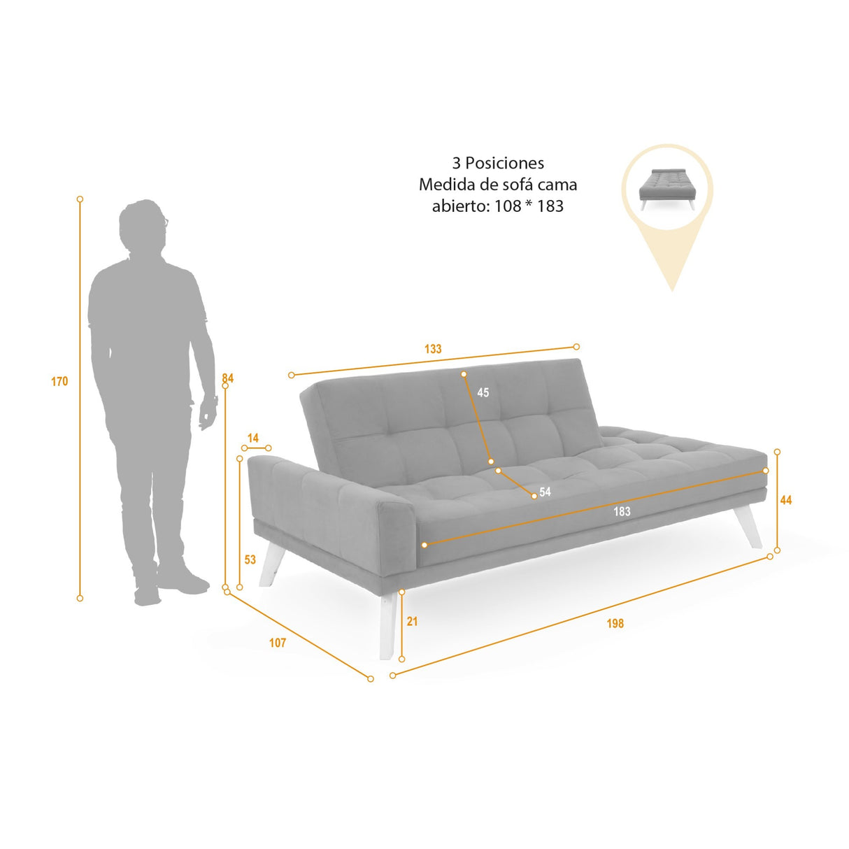 Sofacama Brunet Gris 198x84cm de Tres Puestos Recinable con Apoya Brazos - SOFAS Y POLTRONAS | Bylmo