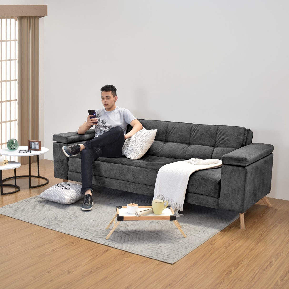 Sofacama Moretto Gris 230x82cm de Tres Puestos Recinable con Apoya Brazos - SOFAS Y POLTRONAS | Bylmo
