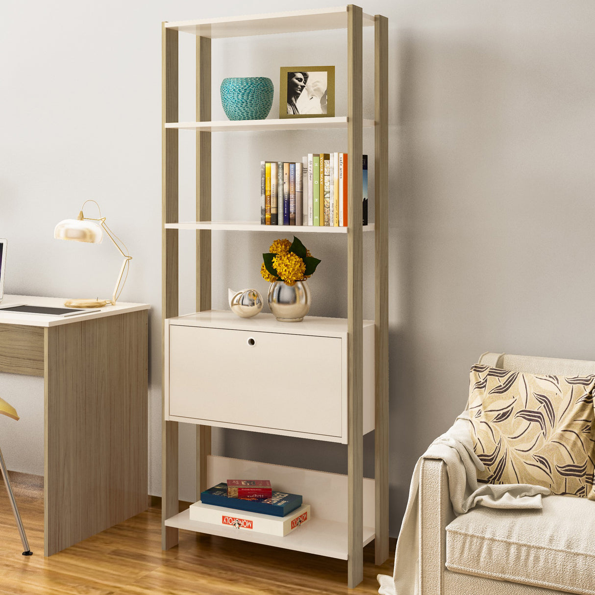 Estantería Rectangular Match Roble y Off White 63x166cm Con Cinco Entrepaños - BIBLIOTECAS Y ESTANTERIAS | Bylmo