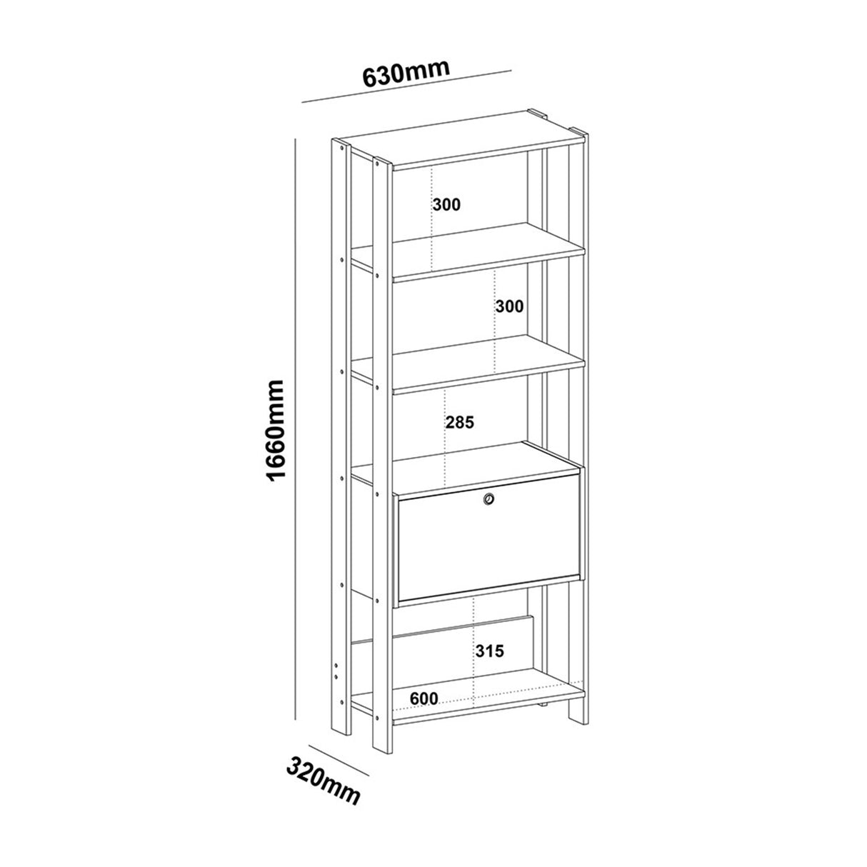 Estantería Rectangular Match Pino y Negro 63x166cm Con Cinco Entrepaños - BIBLIOTECAS Y ESTANTERIAS | Bylmo