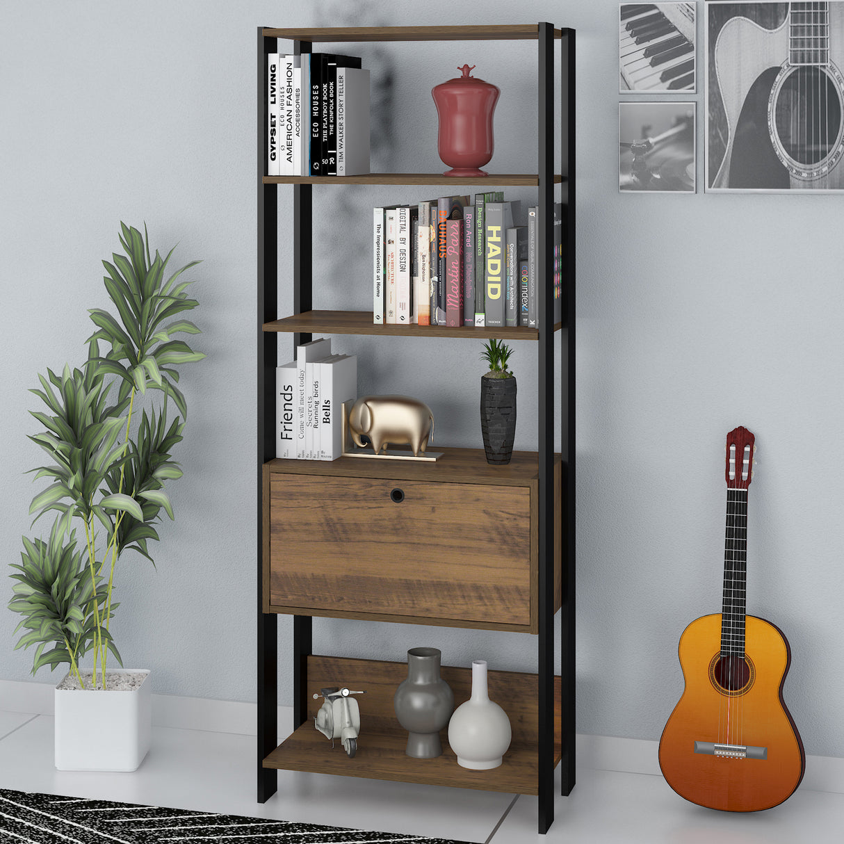 Estantería Rectangular Match Pino y Negro 63x166cm Con Cinco Entrepaños - BIBLIOTECAS Y ESTANTERIAS | Bylmo