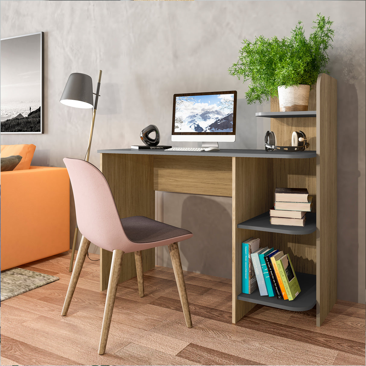 Escritorio Link Roble y Gris 111x110cm con Organizador de Libros - ESCRITORIOS | Bylmo