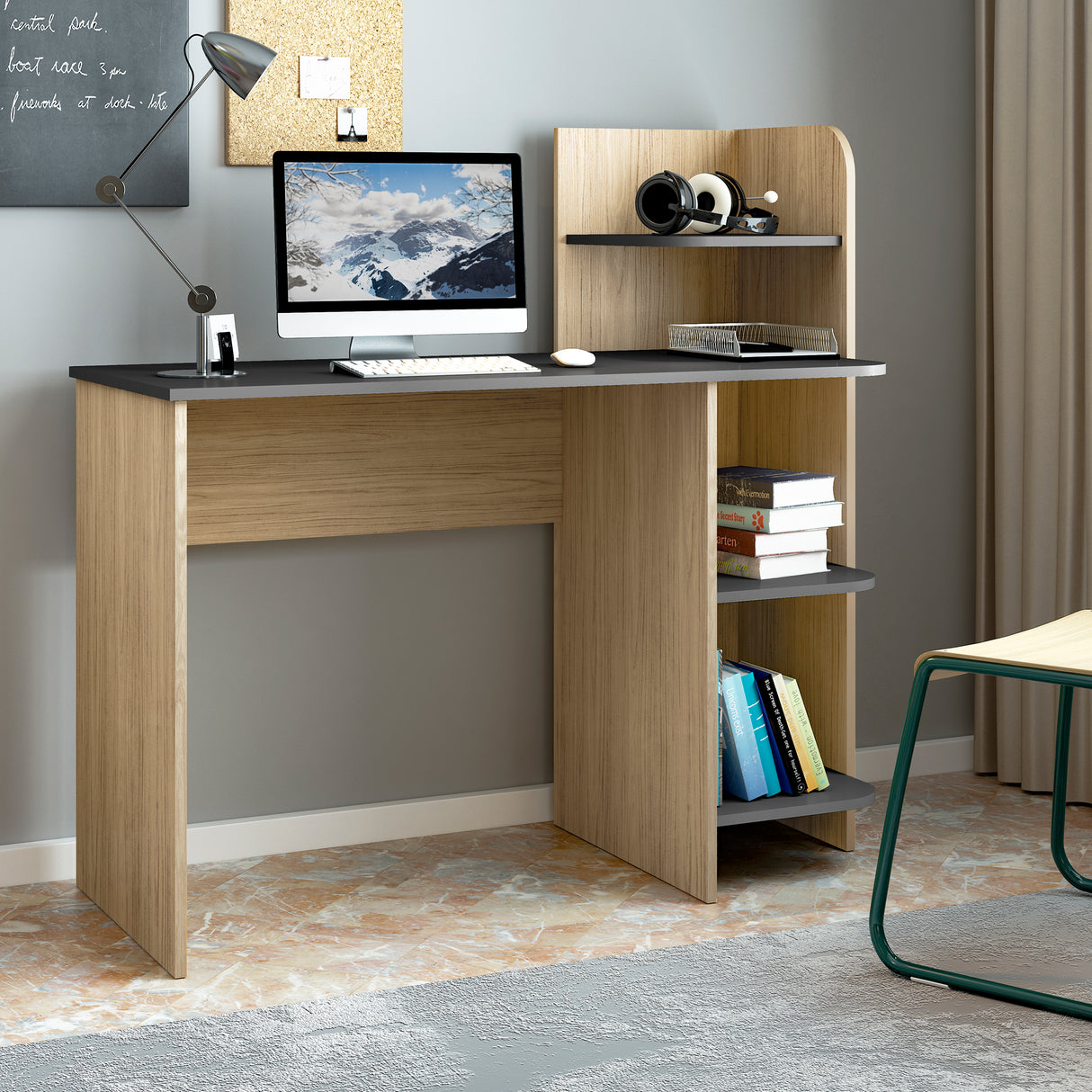 Escritorio Link Roble y Gris 111x110cm con Organizador de Libros - ESCRITORIOS | Bylmo