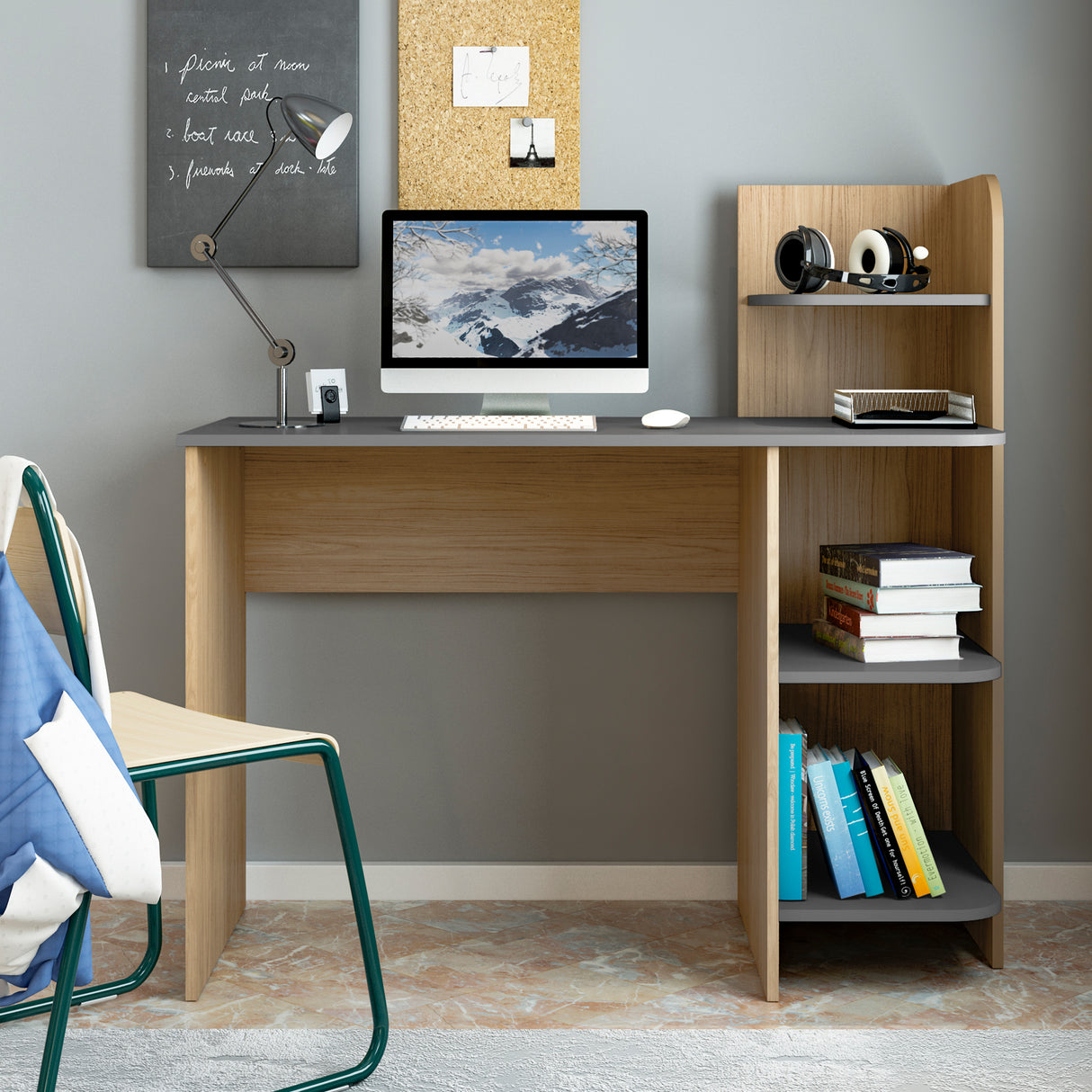 Escritorio Link Roble y Gris 111x110cm con Organizador de Libros - ESCRITORIOS | Bylmo