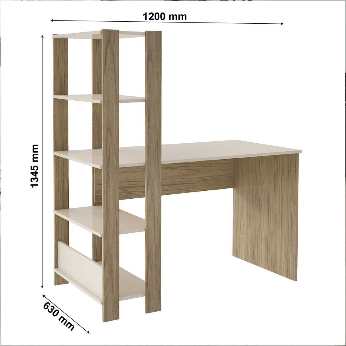 Escritorio con Biblioteca Match Roble y Off White 120x134cm con Tres Repisas - ESCRITORIOS | Bylmo
