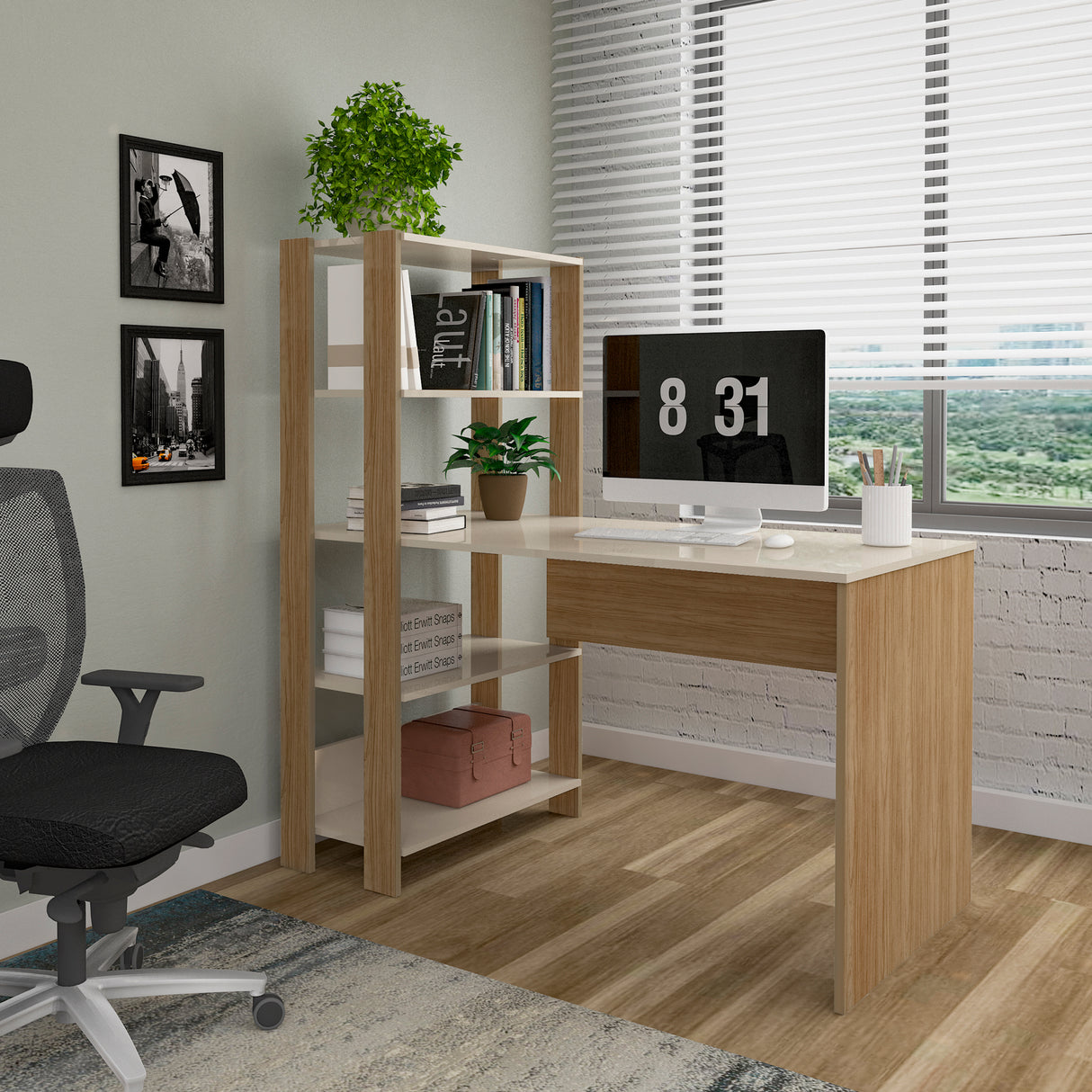 Escritorio con Biblioteca Match Roble y Off White 120x134cm con Tres Repisas - ESCRITORIOS | Bylmo