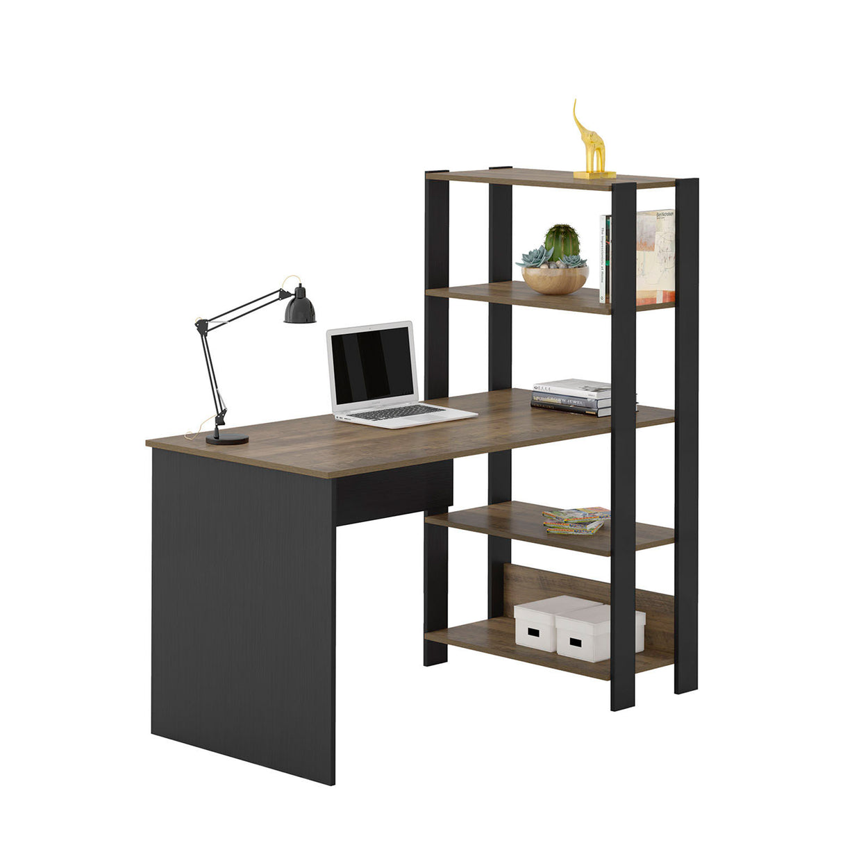 Escritorio con Biblioteca Match Pino y Negro 120x134cm con Tres Repisas - ESCRITORIOS | Bylmo